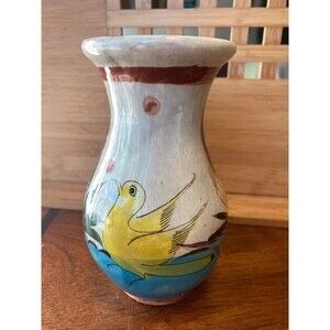 Vintage Mexican Tonala Pottery Vase Hand Painted Yellow Bird Folk Art 6"